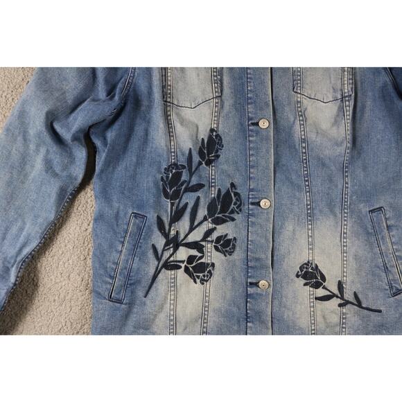 Luluroe Jacket 3XL Denim Floral Embroidered Jaxon Long Jean Jacket Boho - Picture 4 of 7